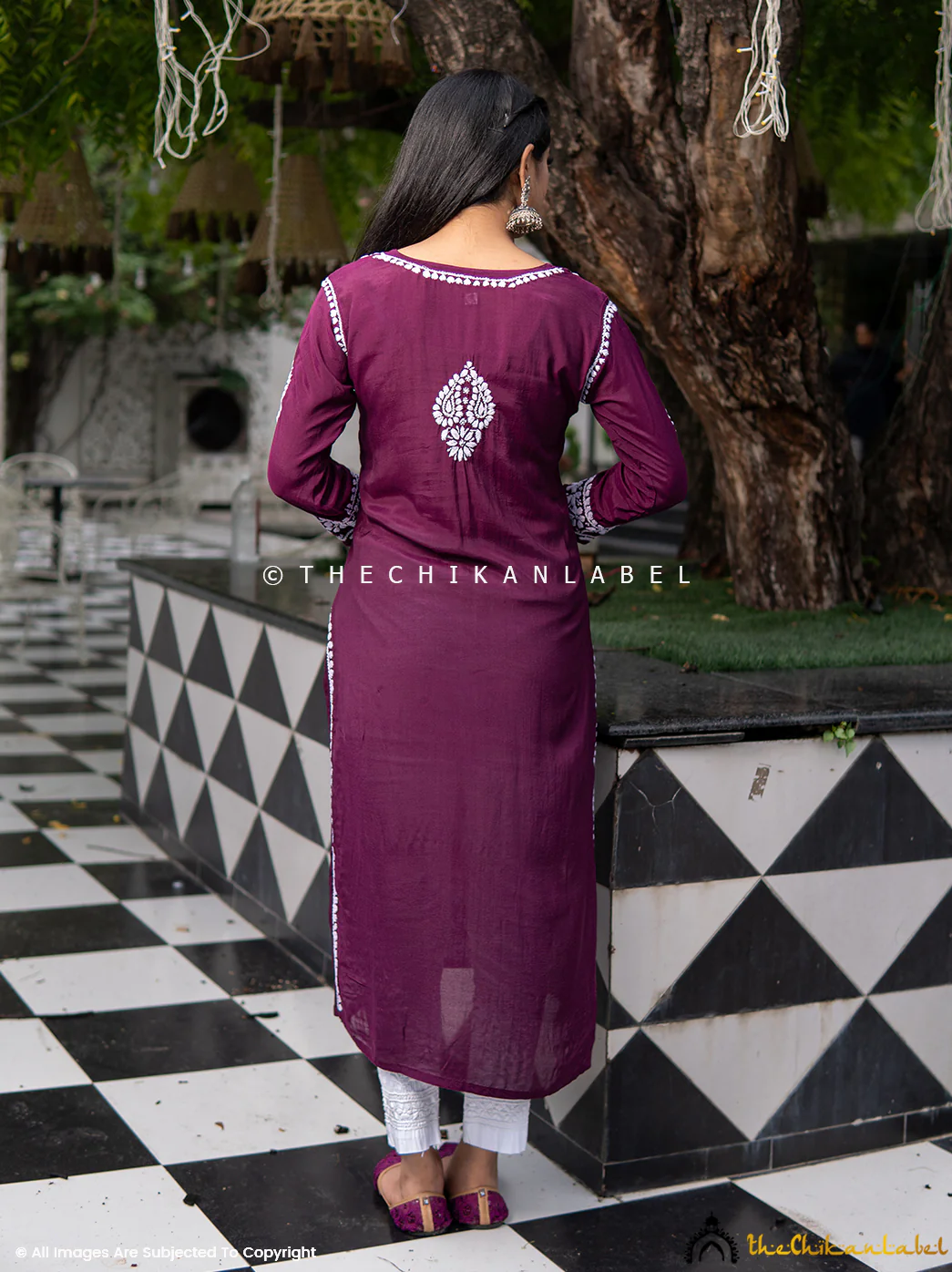 Amara Muslin Chikankari Straight Kurti - Wine - Image 3