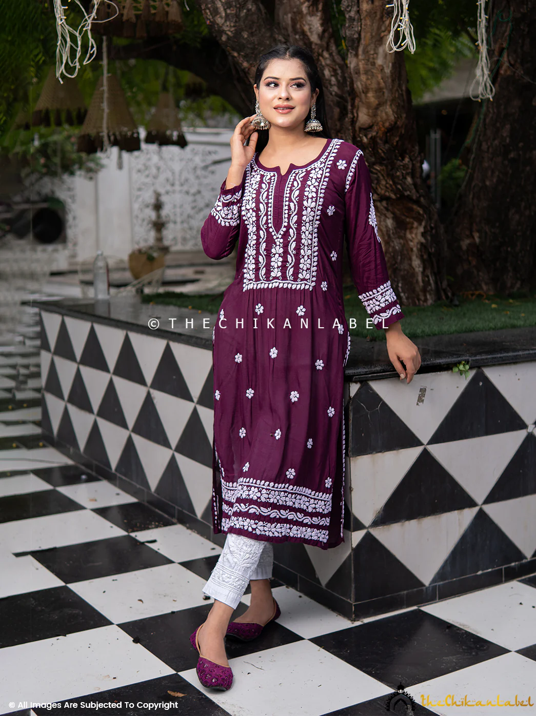 Amara Muslin Chikankari Straight Kurti - Wine - Image 4