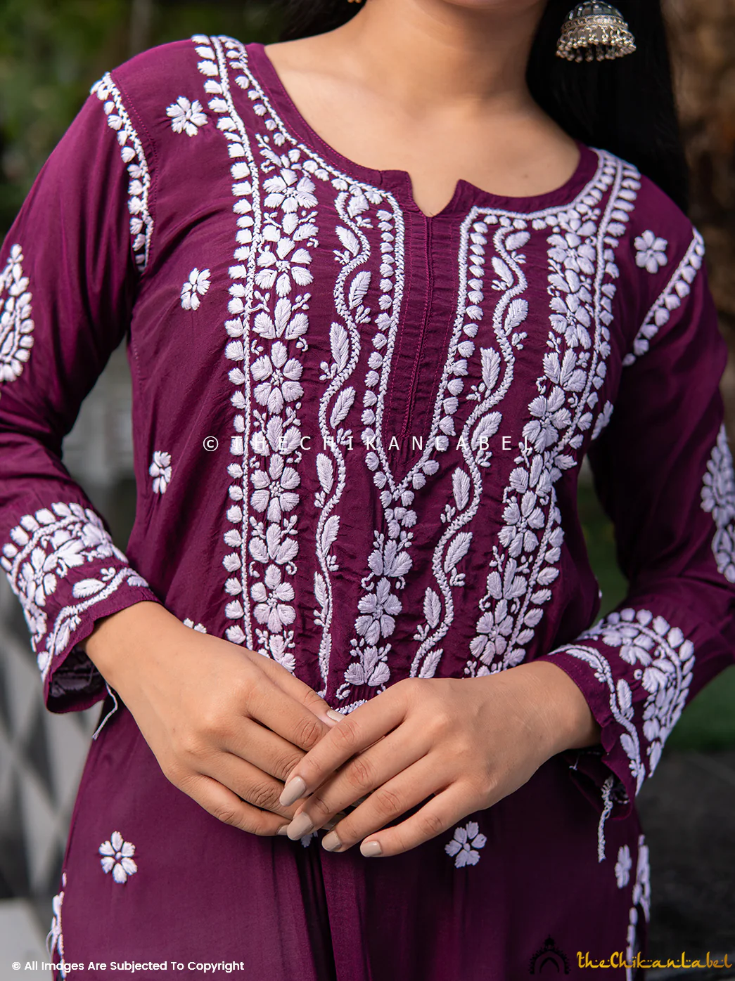 Amara Muslin Chikankari Straight Kurti - Wine - Image 5