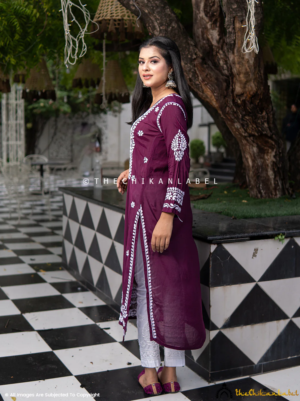 Amara Muslin Chikankari Straight Kurti - Wine - Image 6