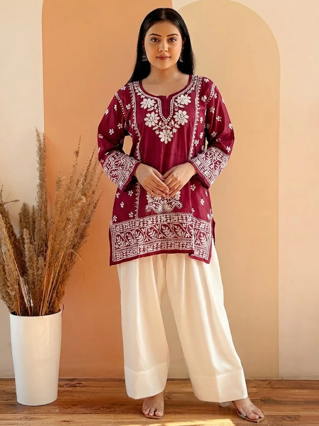 Wine Chanderi Chikankari Farshi Salwar Set - Image 3