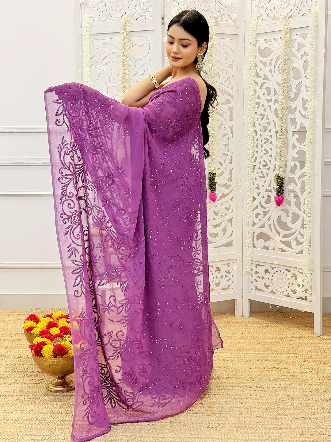 Wine Heer Viscose Chikankari Saree - Image 5