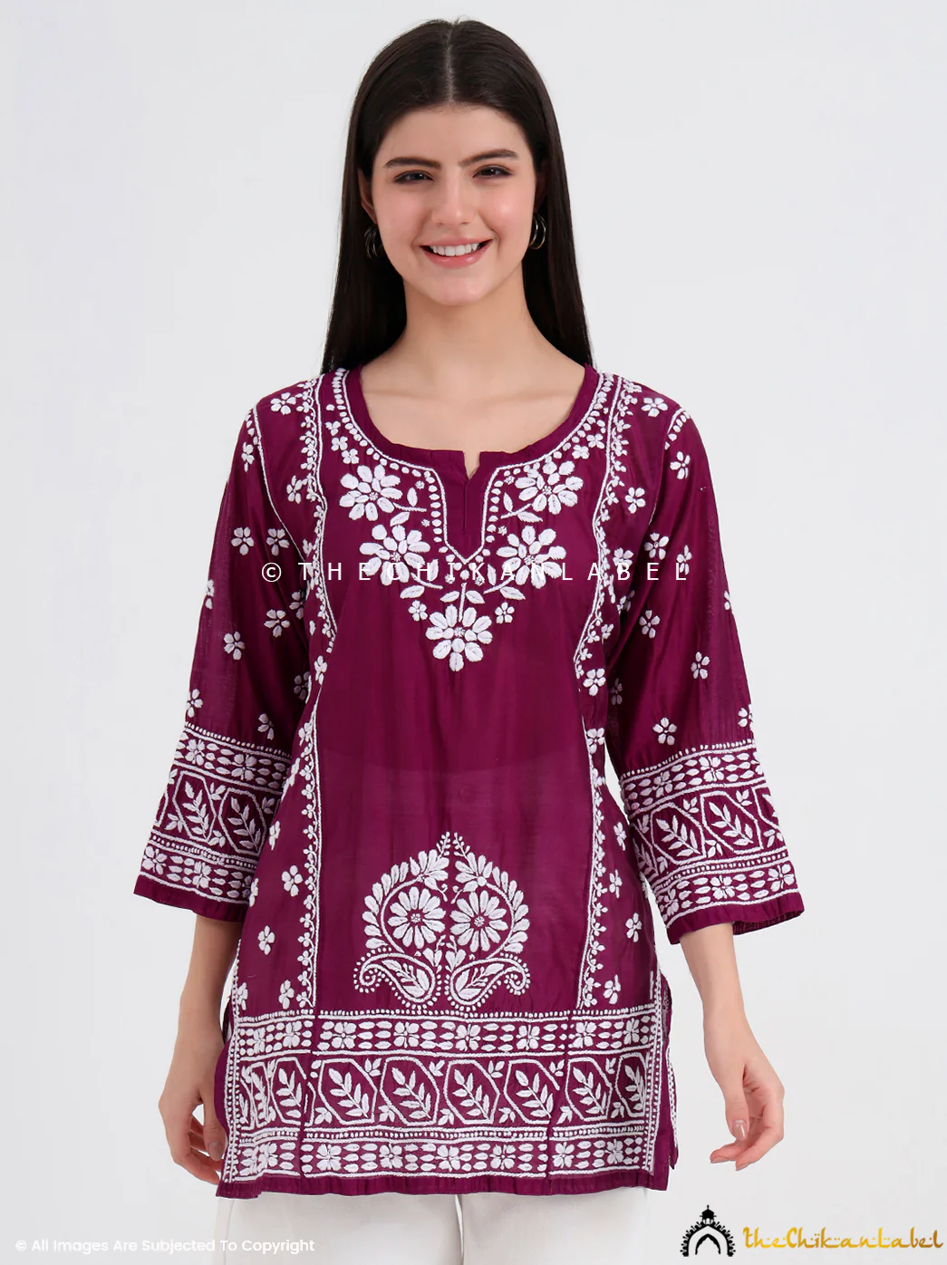 Idra Chanderi Chikankari Short Top - Wine