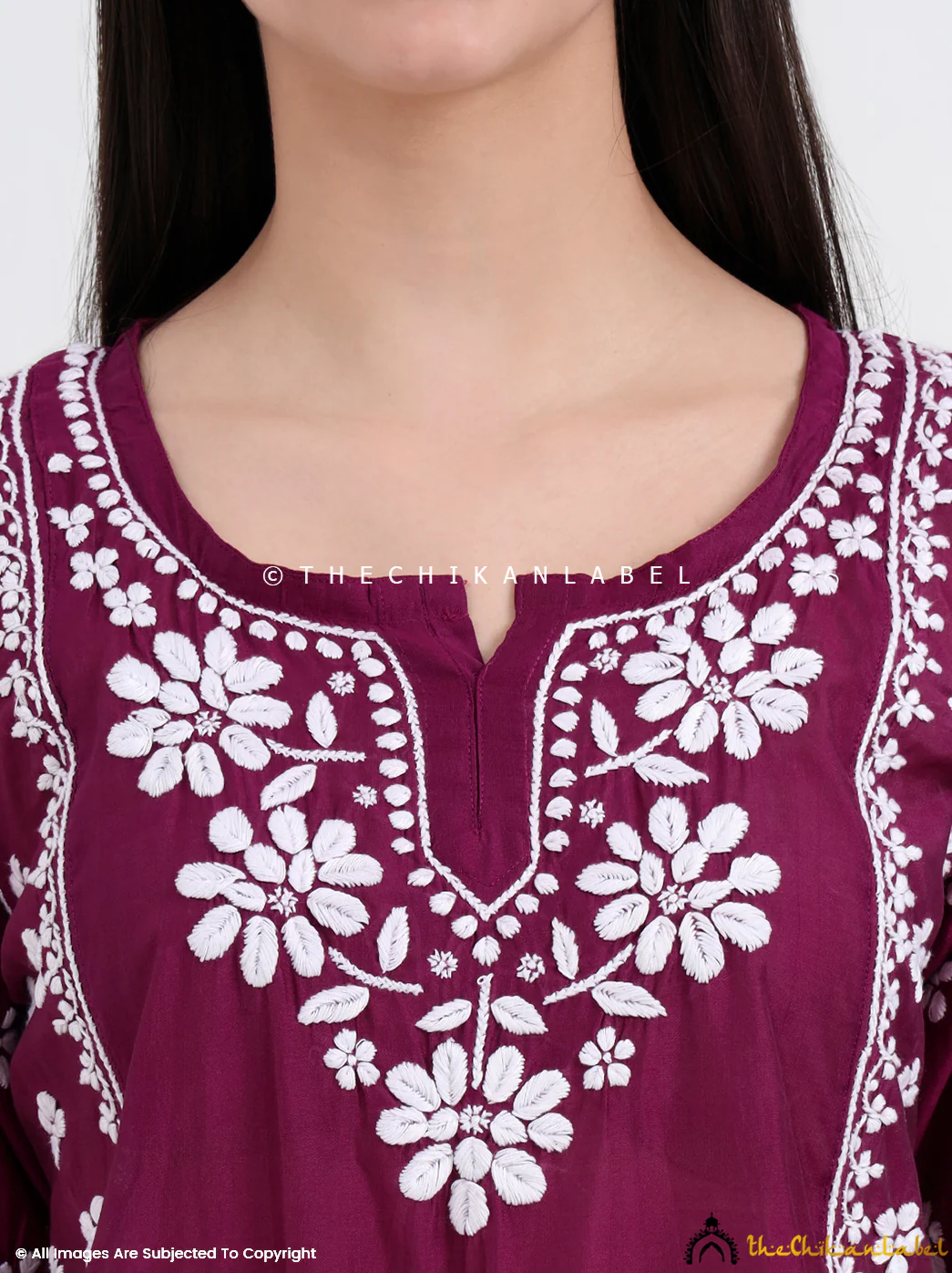 Idra Chanderi Chikankari Short Top - Wine - Image 2
