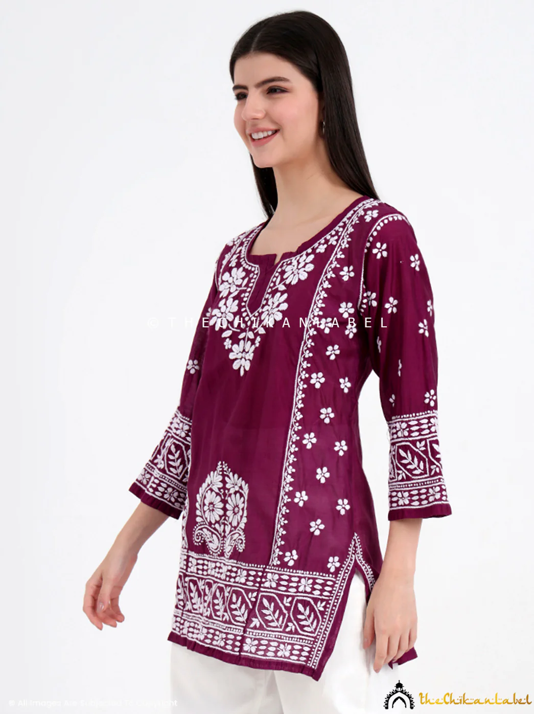 Idra Chanderi Chikankari Short Top - Wine - Image 3