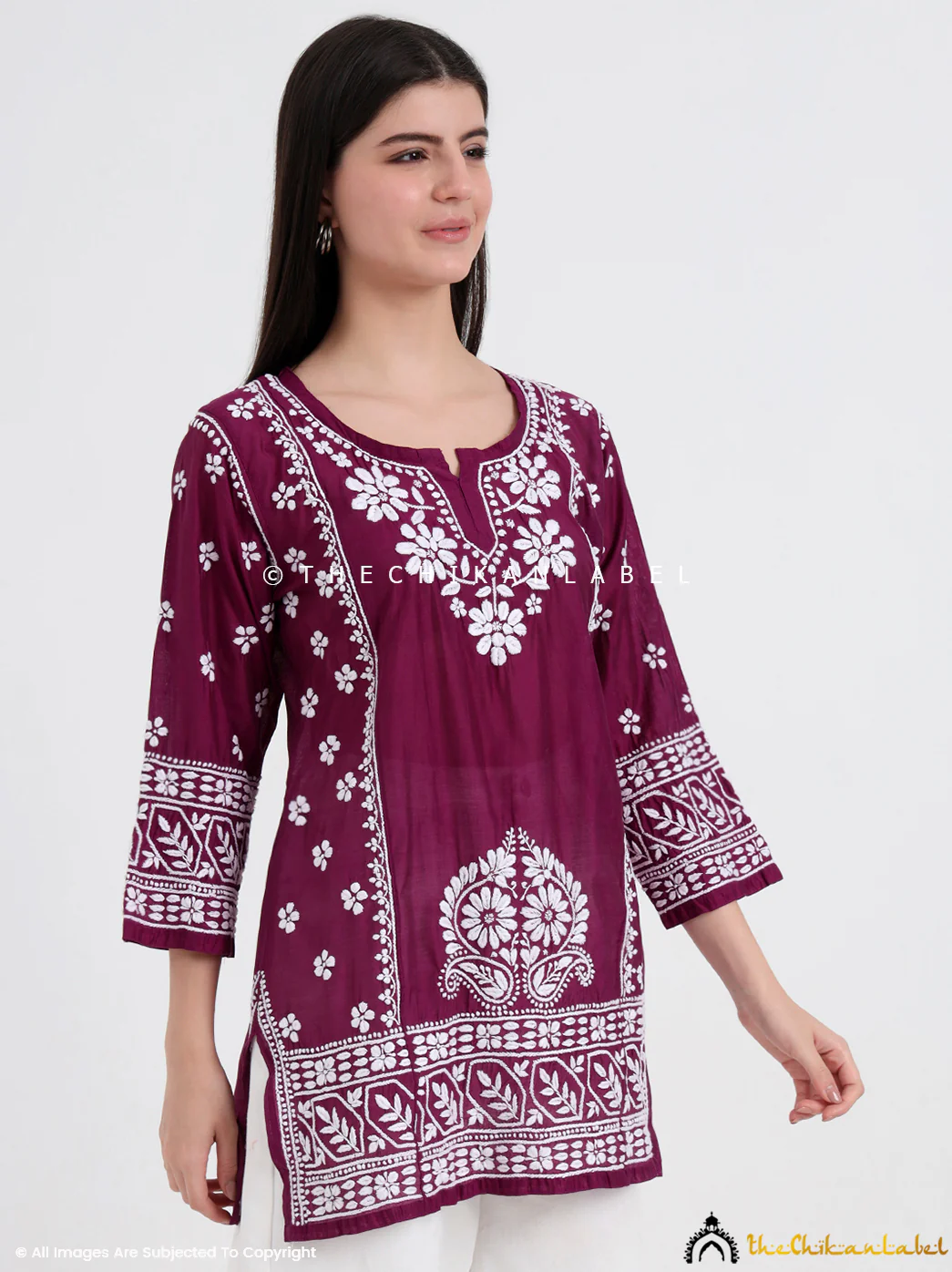 Idra Chanderi Chikankari Short Top - Wine - Image 4