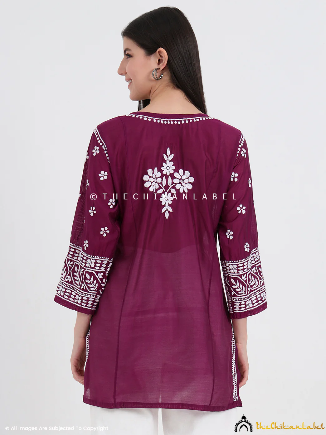 Idra Chanderi Chikankari Short Top - Wine - Image 5