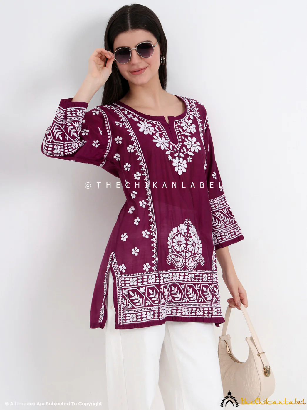 Idra Chanderi Chikankari Short Top - Wine - Image 6