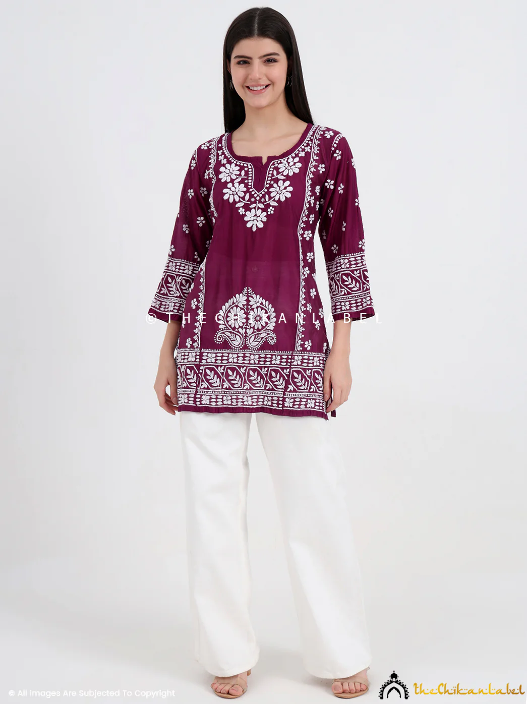 Idra Chanderi Chikankari Short Top - Wine - Image 7
