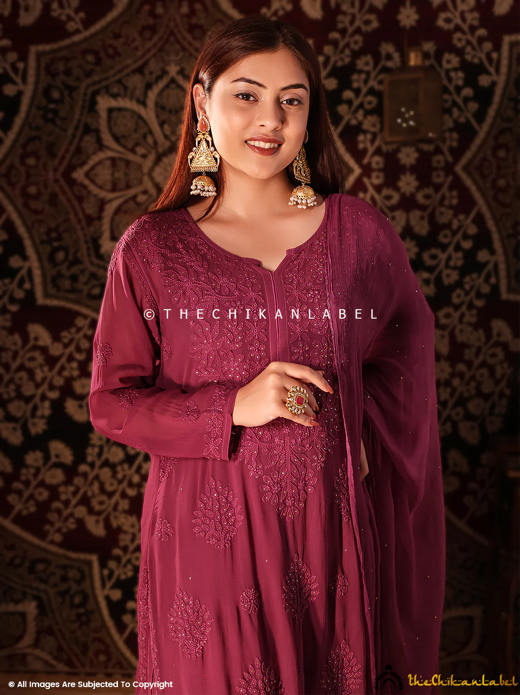 Wine Noor Viscose Chikankari Straight Kurta Set with Dupatta - Image 2