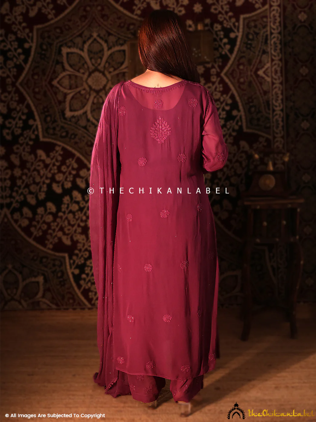 Wine Noor Viscose Chikankari Straight Kurta Set with Dupatta - Image 3