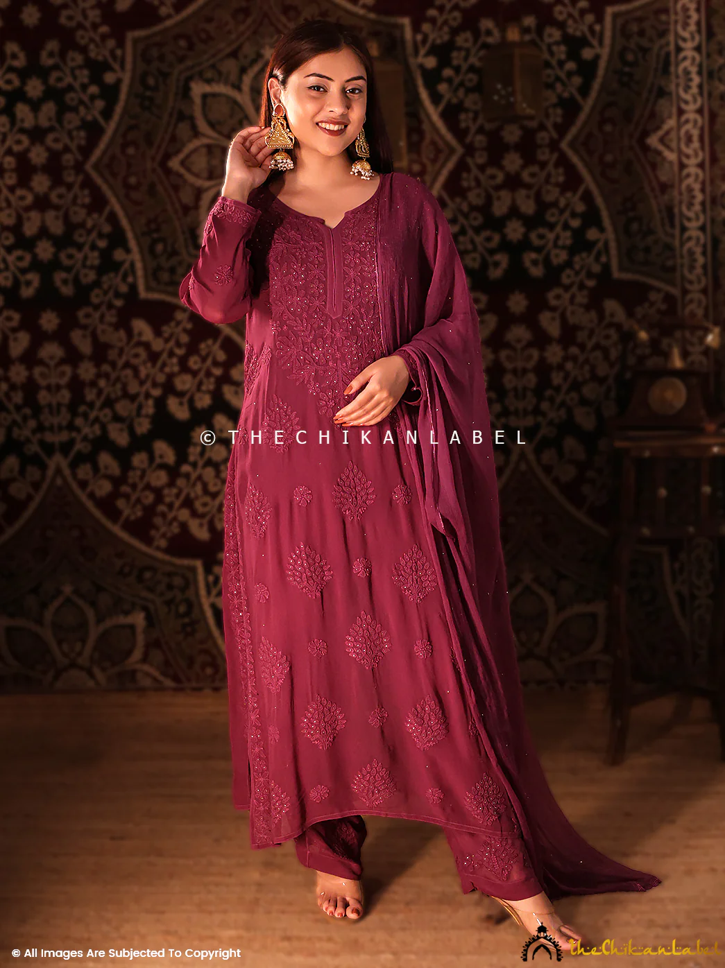 Wine Noor Viscose Chikankari Straight Kurta Set with Dupatta - Image 4