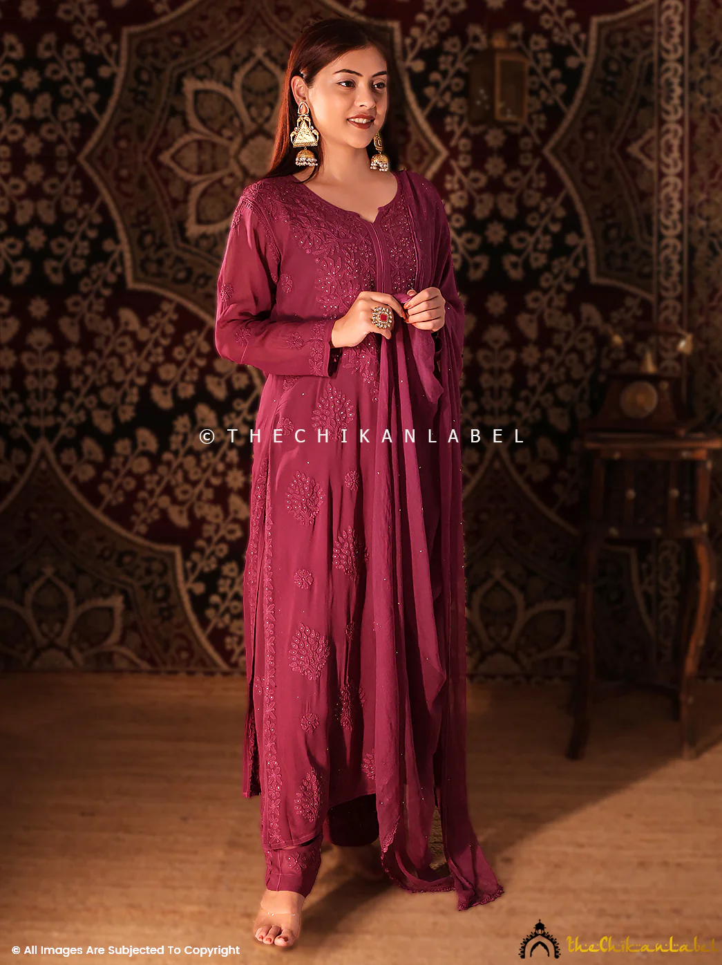 Wine Noor Viscose Chikankari Straight Kurta Set with Dupatta - Image 5