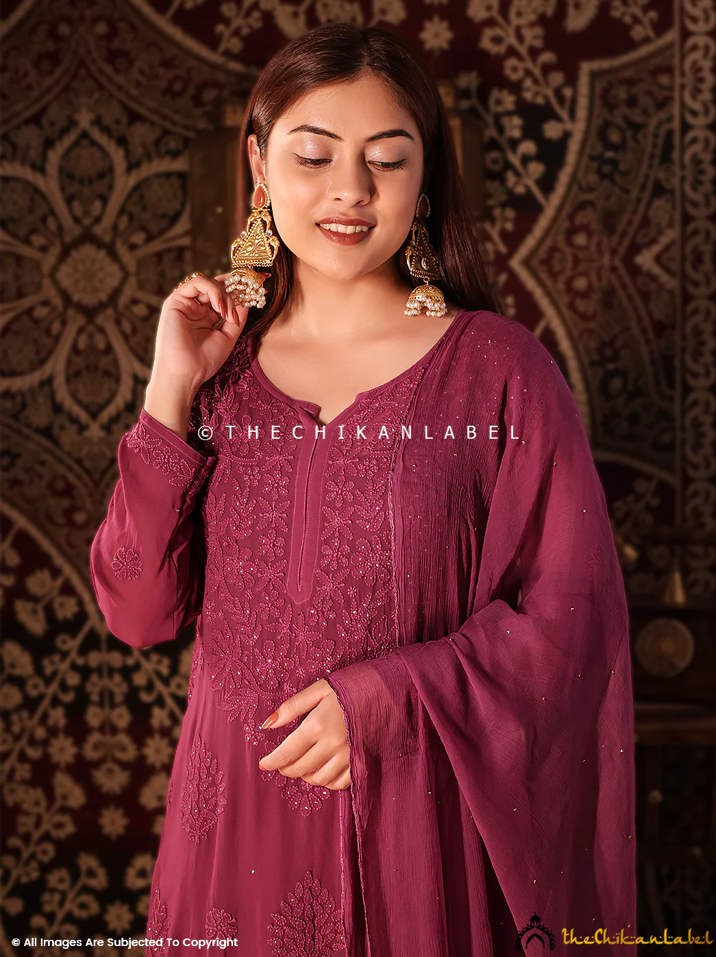 Wine Noor Viscose Chikankari Straight Kurta Set with Dupatta - Image 6