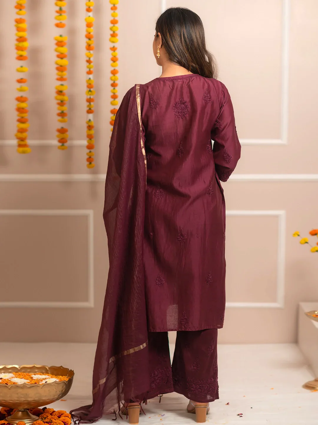 Wine Riwaayat Chanderi Chikankari Kurta Set - Image 3