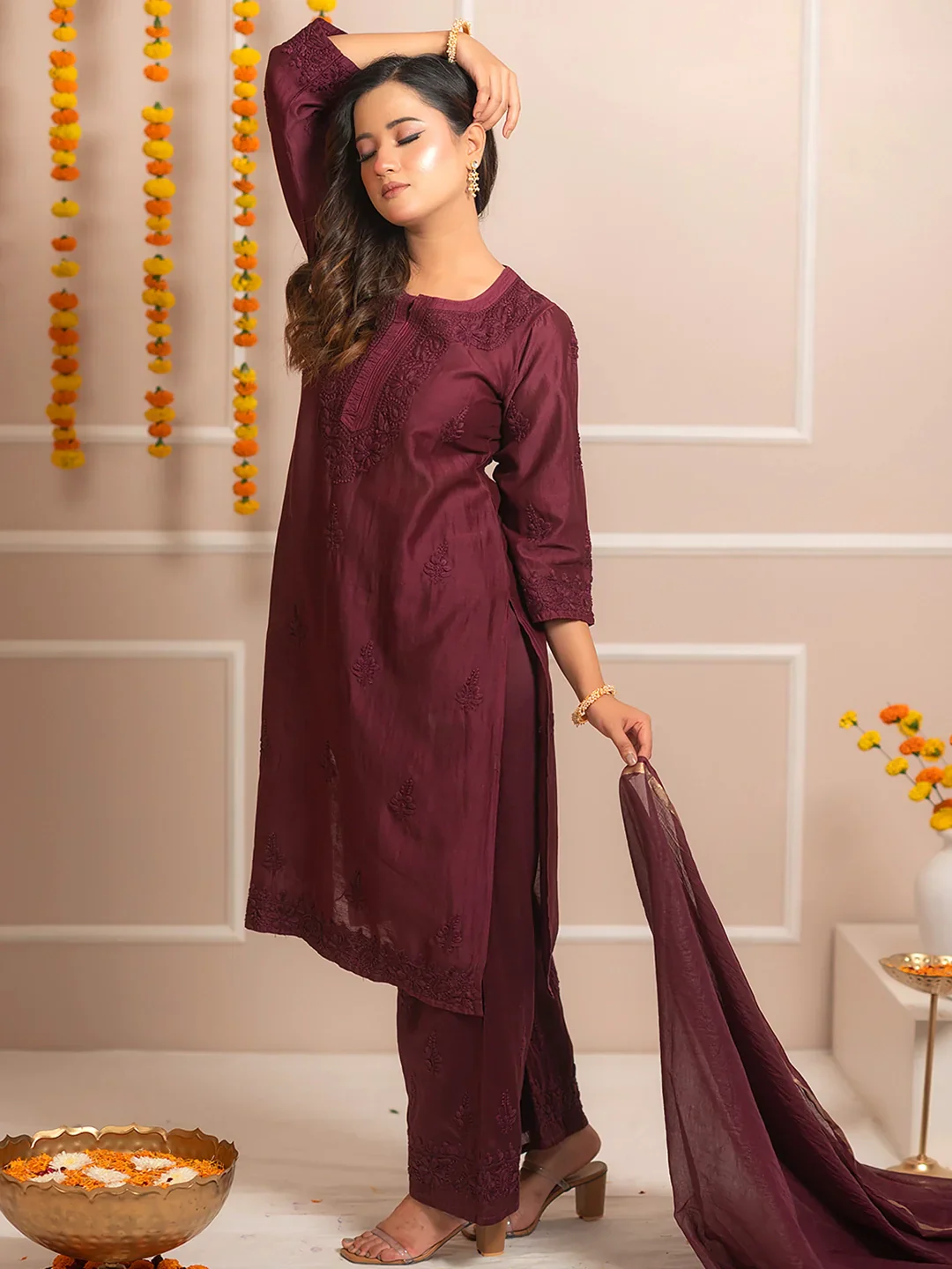 Wine Riwaayat Chanderi Chikankari Kurta Set - Image 4