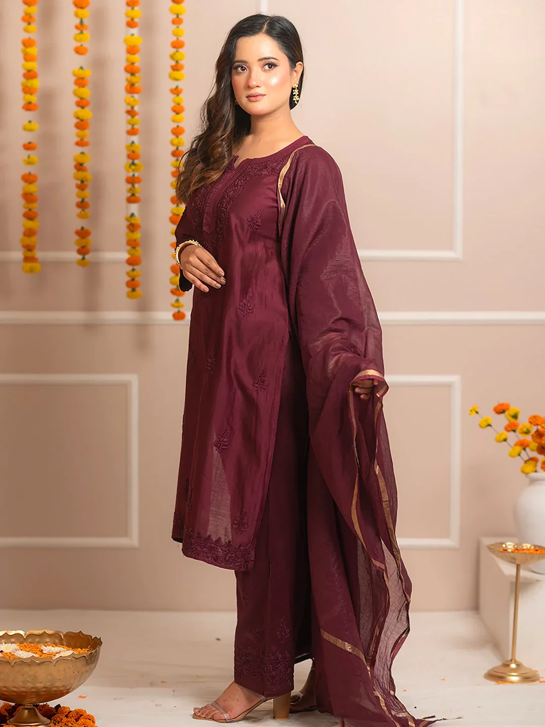 Wine Riwaayat Chanderi Chikankari Kurta Set - Image 5