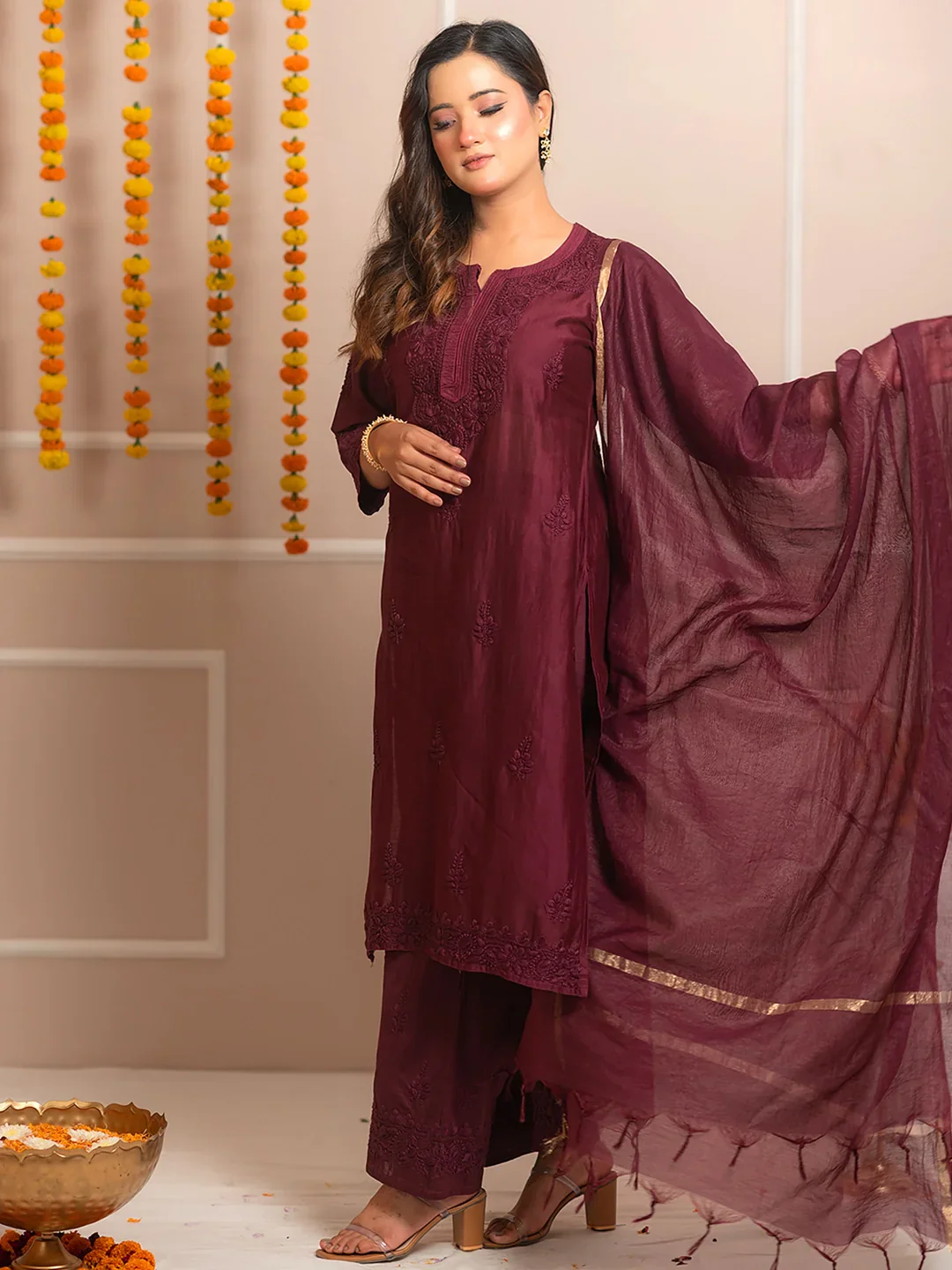 Wine Riwaayat Chanderi Chikankari Kurta Set - Image 6