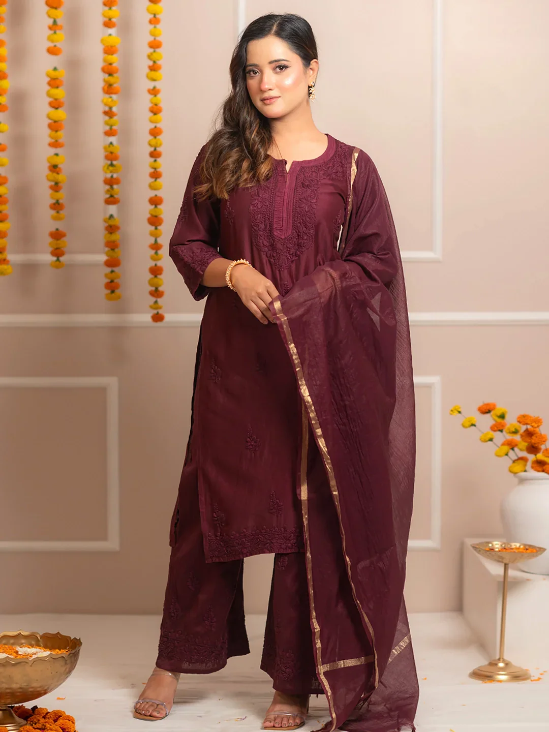 Wine Riwaayat Chanderi Chikankari Kurta Set - Image 7