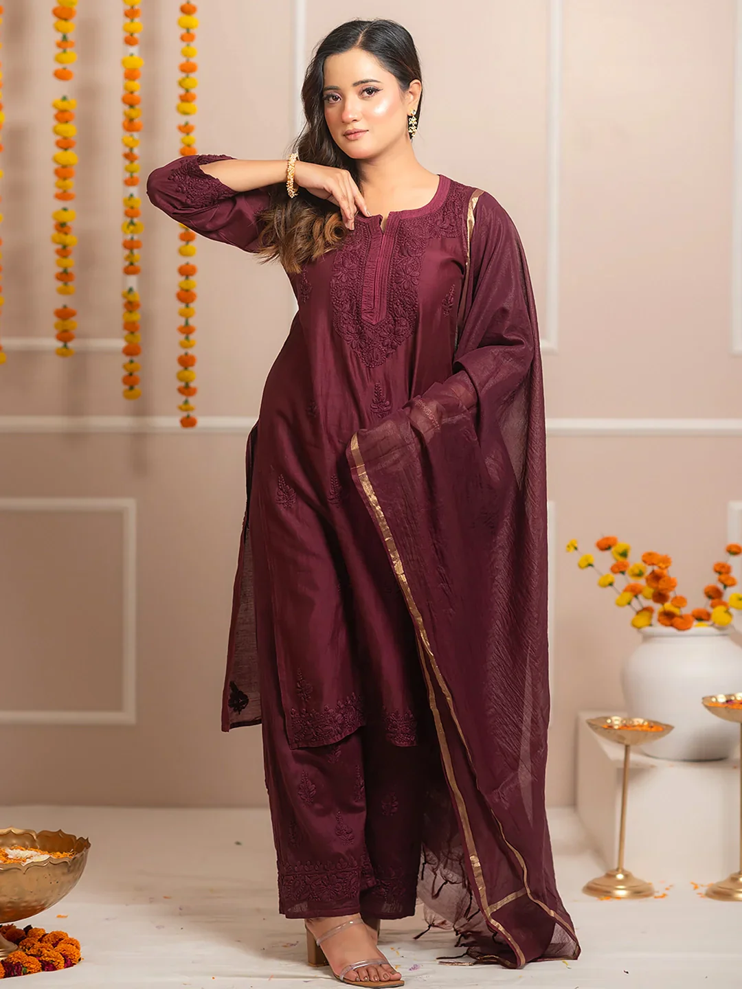 Wine Riwaayat Chanderi Chikankari Kurta Set - Image 8