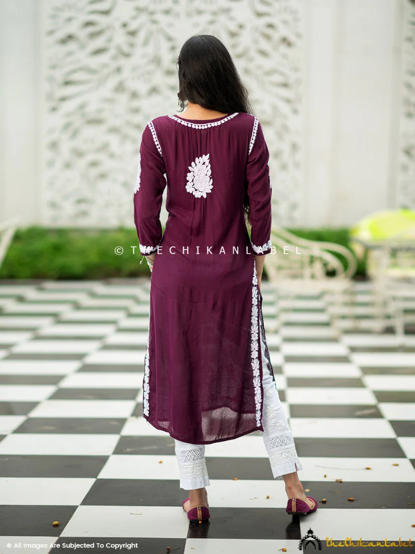 Safa Muslin Chikankari Straight Kurti - Wine - Image 3