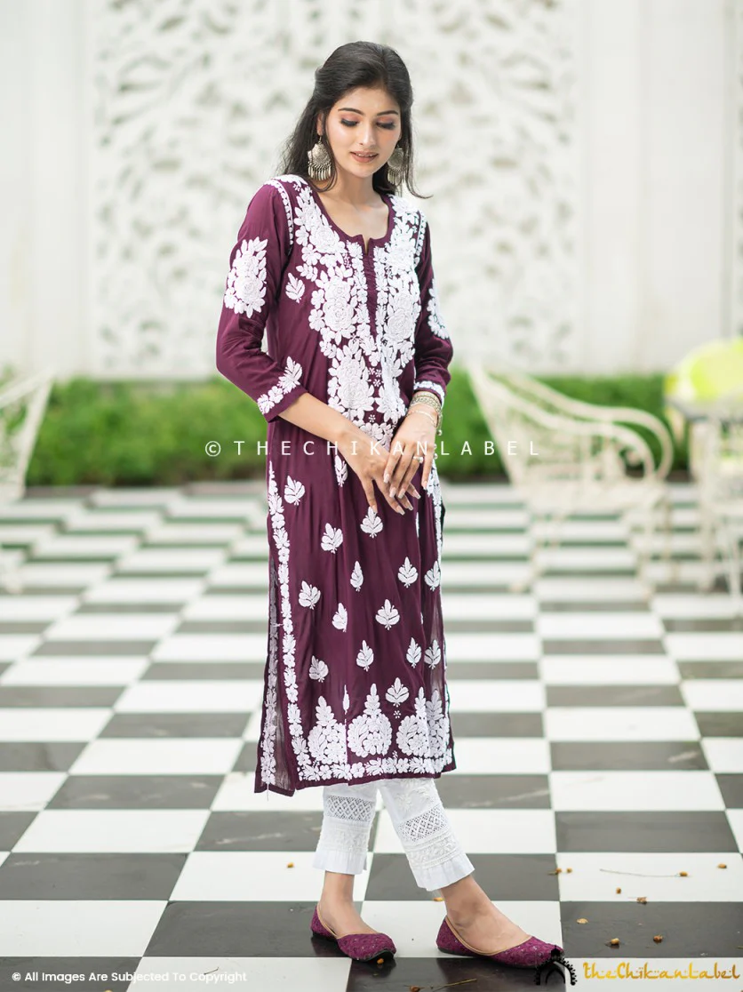 Safa Muslin Chikankari Straight Kurti - Wine - Image 4