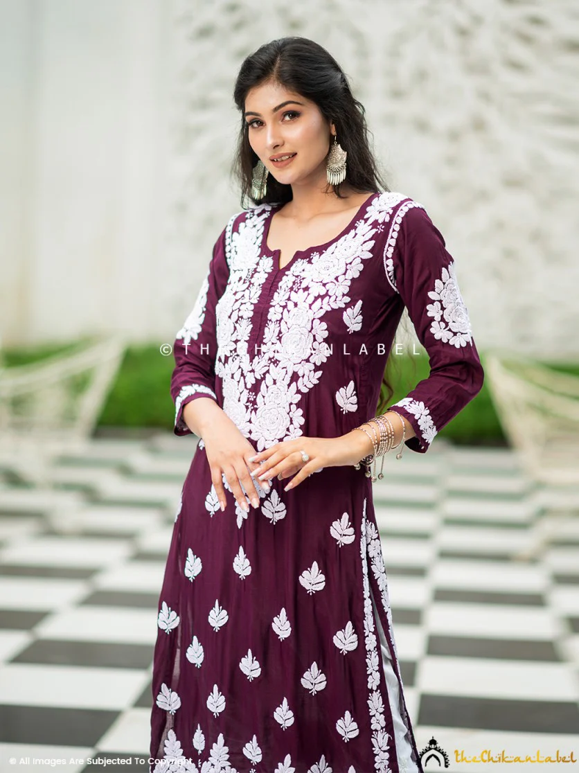 Safa Muslin Chikankari Straight Kurti - Wine - Image 5