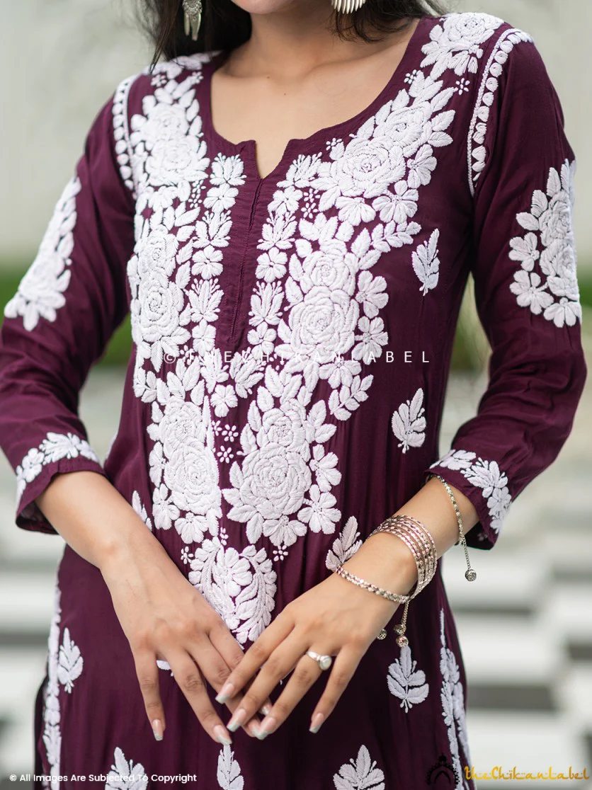 Safa Muslin Chikankari Straight Kurti - Wine - Image 6