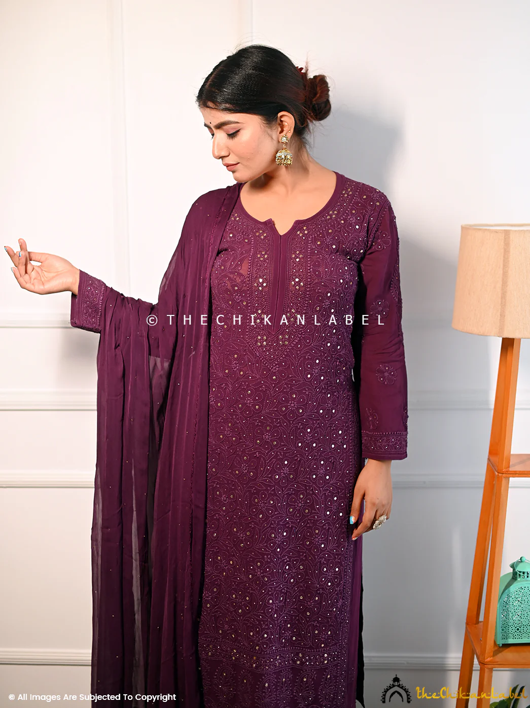 Sitara Chikankari Viscose Kurta Set with Dupatta - Wine - Image 2