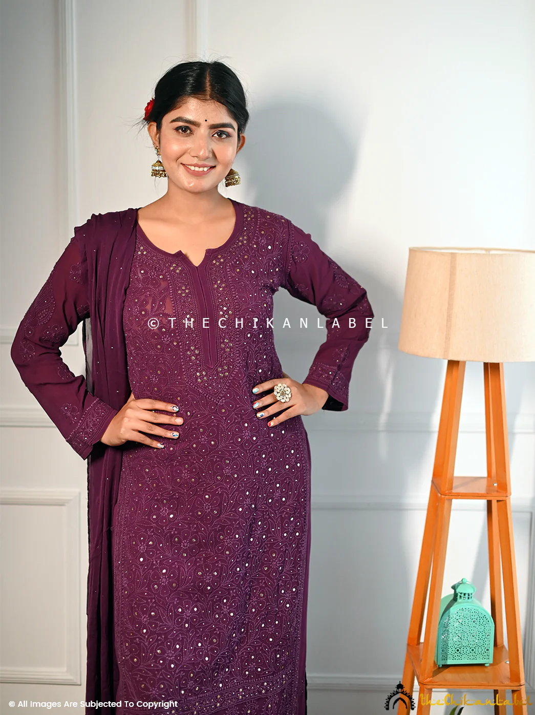 Sitara Chikankari Viscose Kurta Set with Dupatta - Wine - Image 3