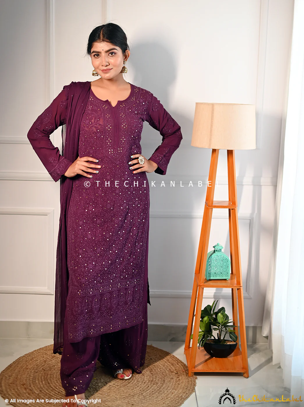 Sitara Chikankari Viscose Kurta Set with Dupatta - Wine - Image 4