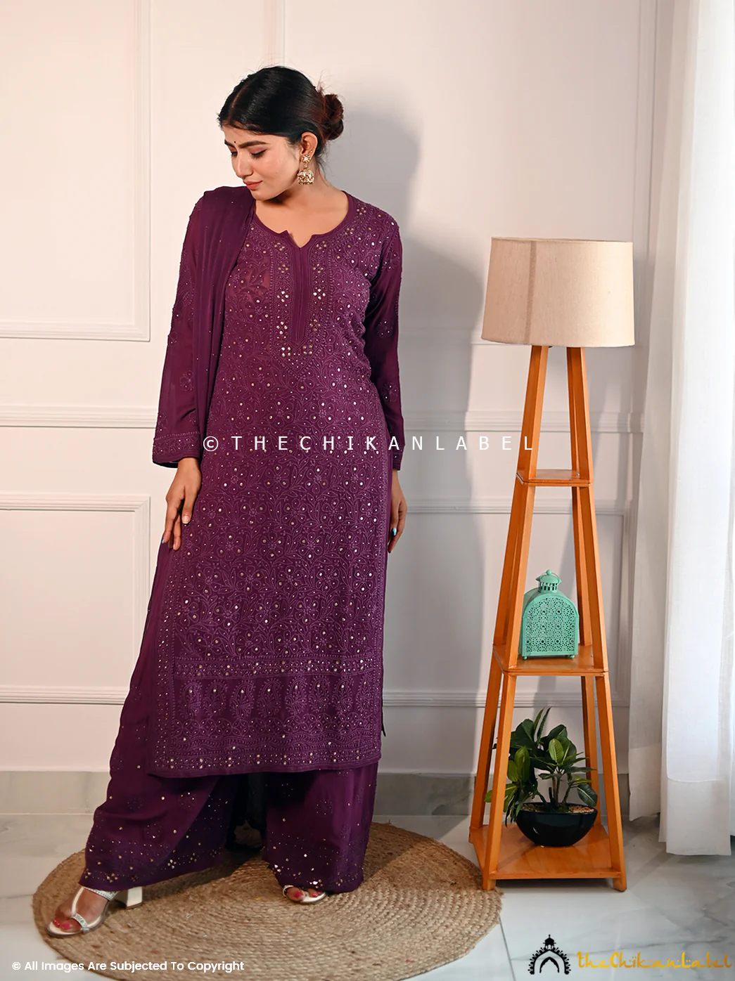 Sitara Chikankari Viscose Kurta Set with Dupatta - Wine - Image 5