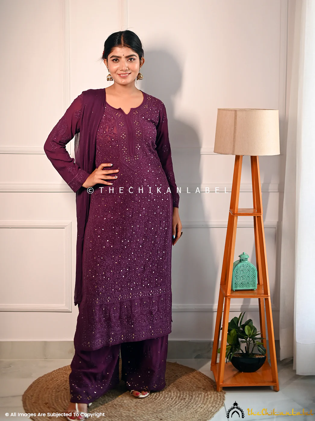 Sitara Chikankari Viscose Kurta Set with Dupatta - Wine - Image 6