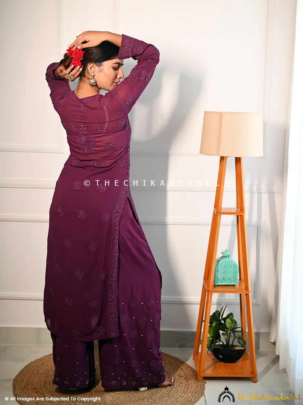 Sitara Chikankari Viscose Kurta Set with Dupatta - Wine - Image 7