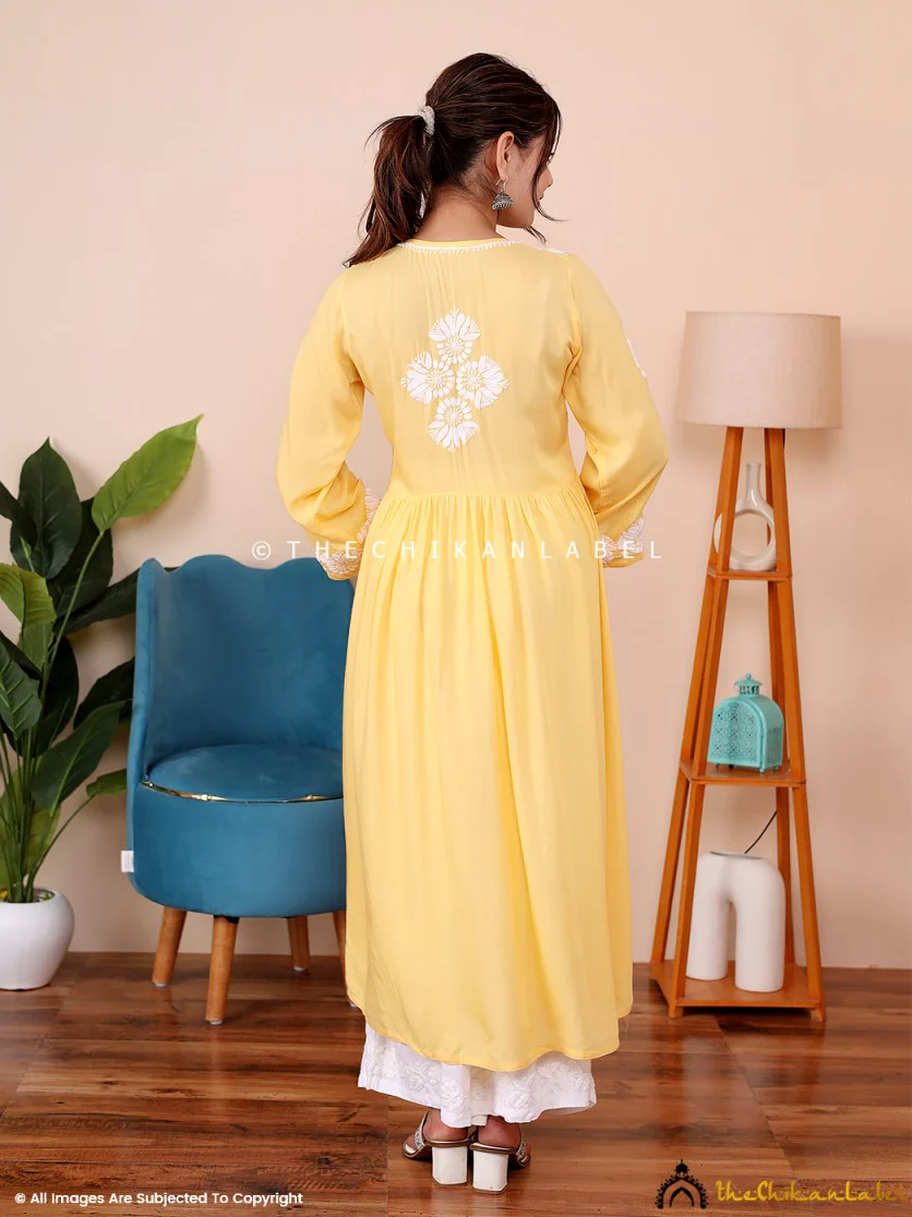 Aina Modal Chikankari Alia Cut A-Line Kurti - Yellow - Image 3