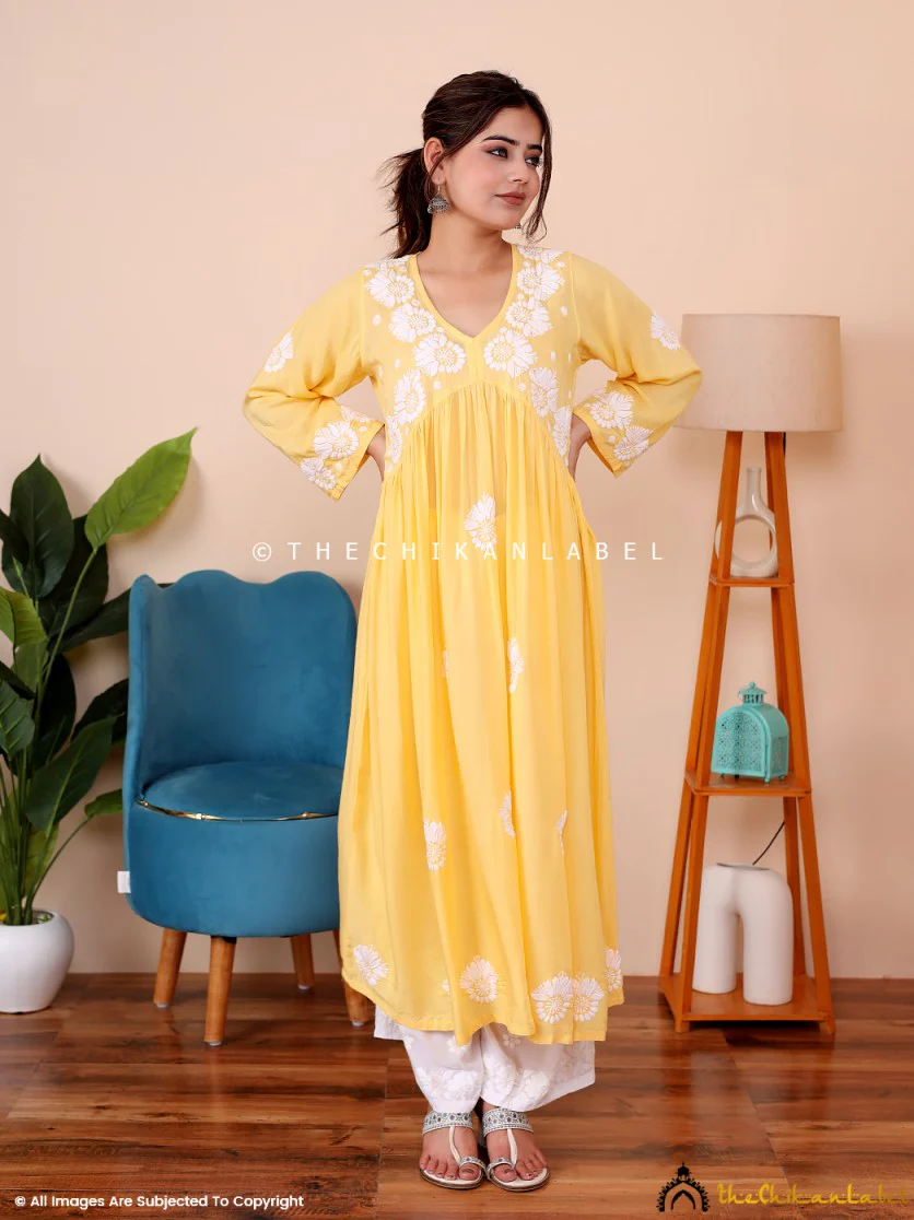 Aina Modal Chikankari Alia Cut A-Line Kurti - Yellow - Image 4