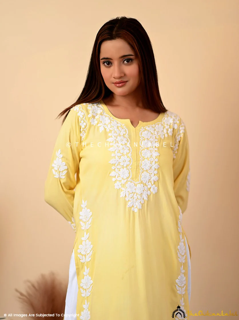 Aisha Rayon Chikankari Straight Kurti -Yellow - Image 2