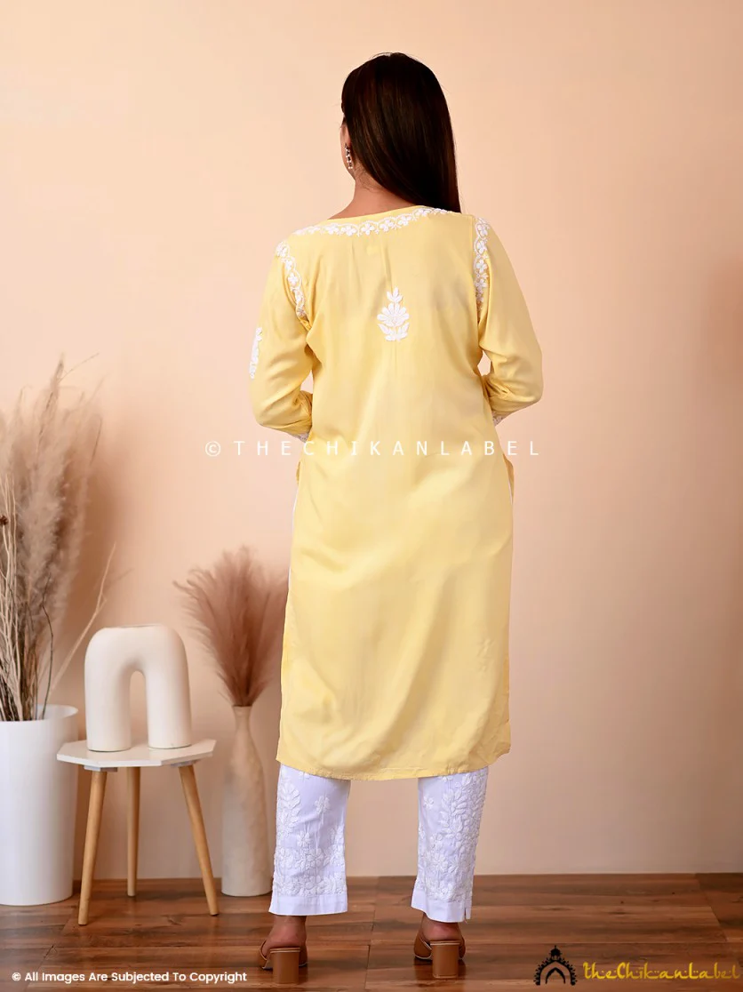 Aisha Rayon Chikankari Straight Kurti -Yellow - Image 3