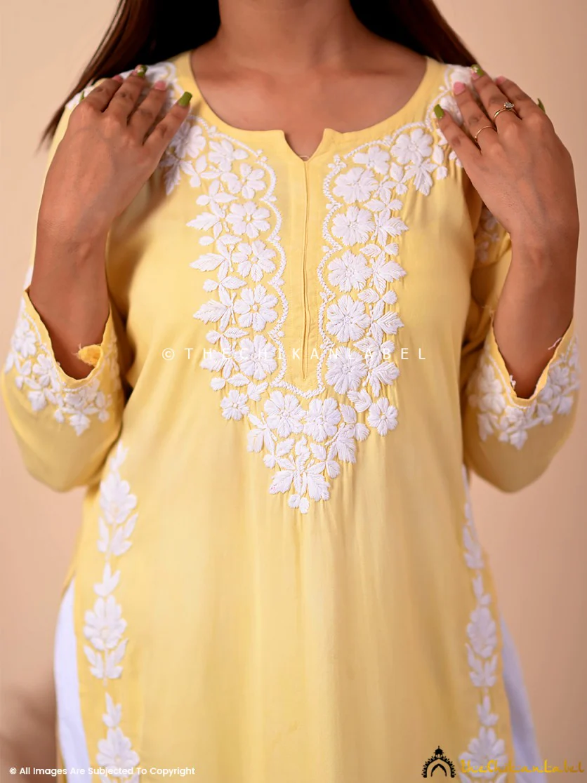 Aisha Rayon Chikankari Straight Kurti -Yellow - Image 4