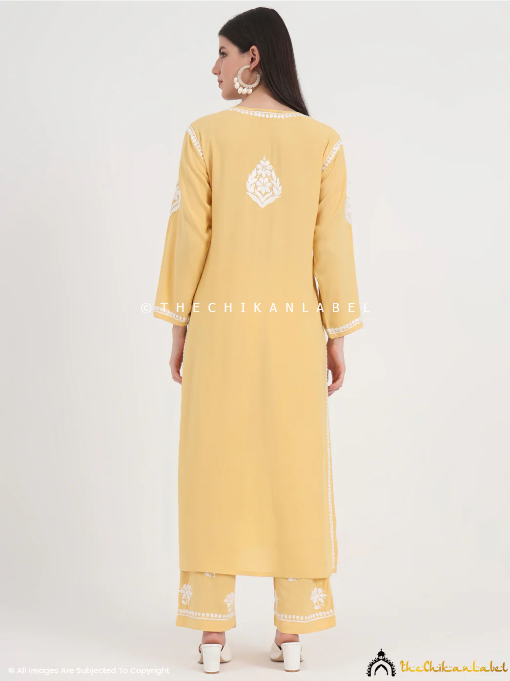 Amani Rayon Chikankari Kurti Palazzo Set - Yellow - Image 3