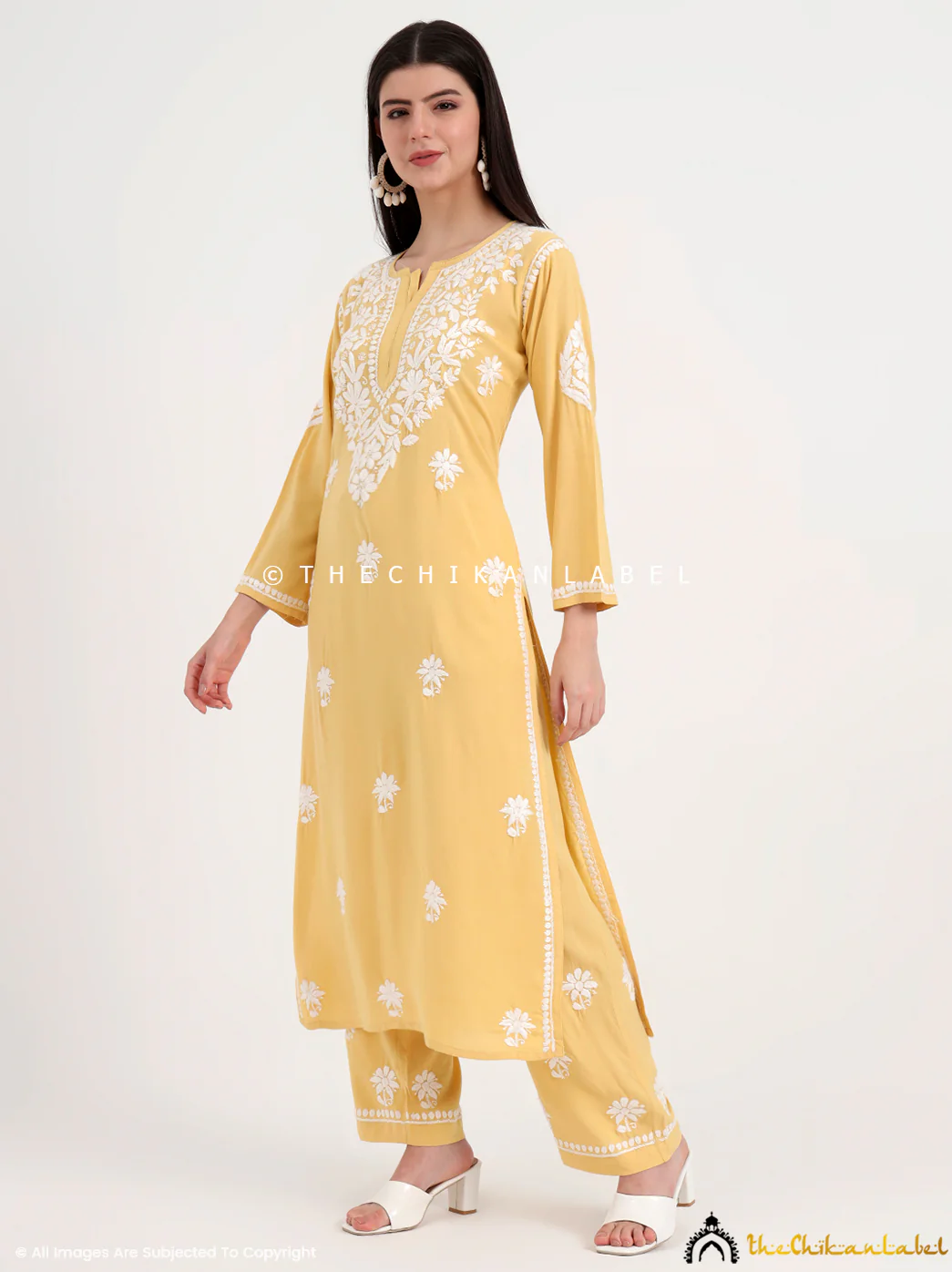 Amani Rayon Chikankari Kurti Palazzo Set - Yellow - Image 4