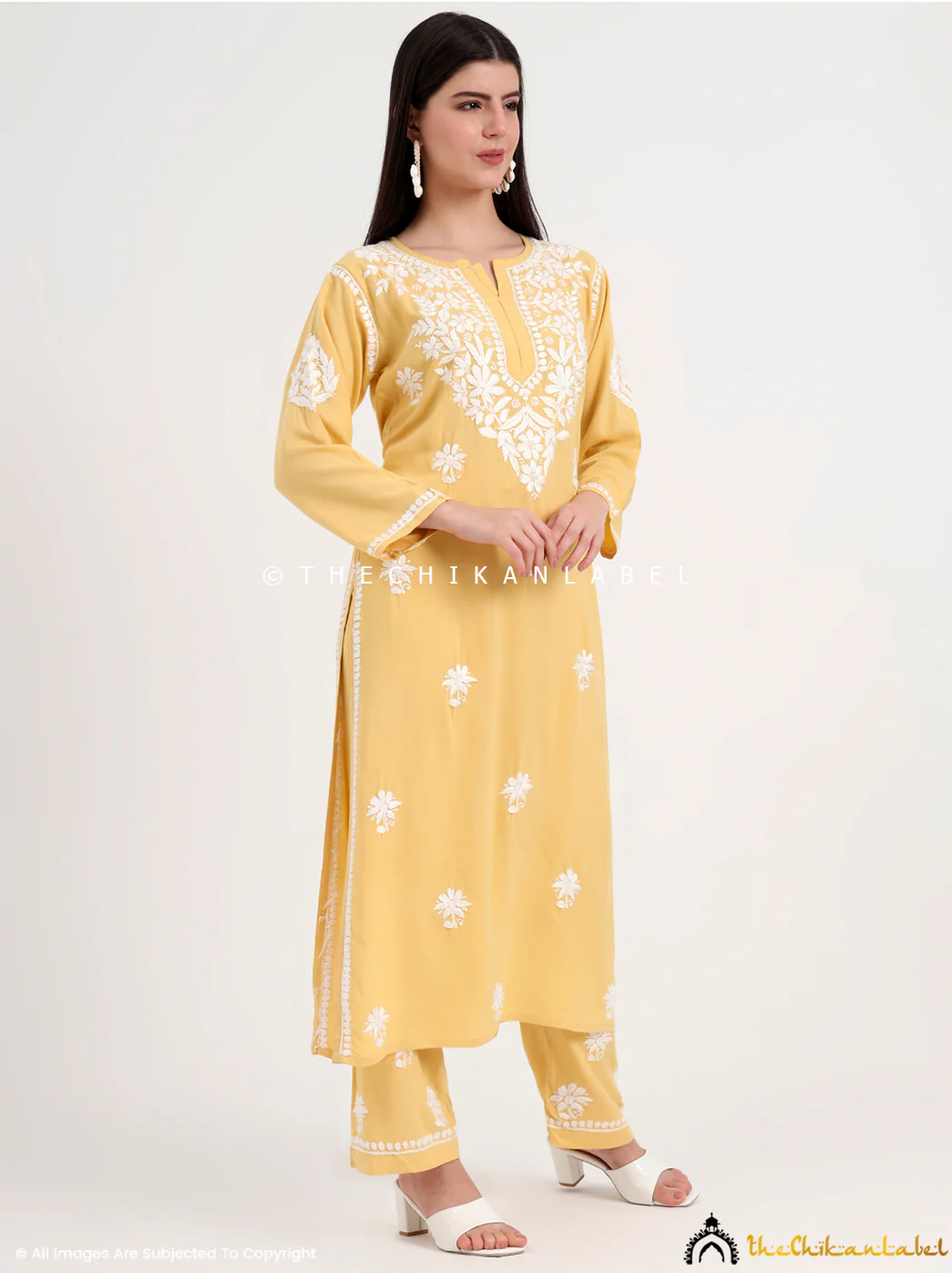Amani Rayon Chikankari Kurti Palazzo Set - Yellow - Image 5