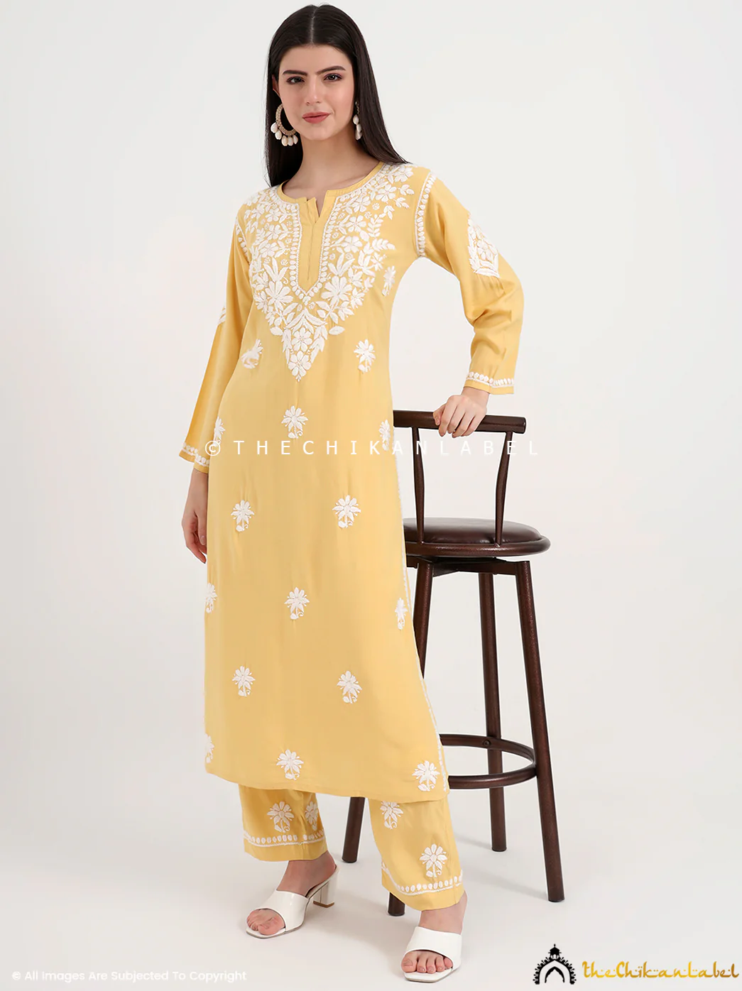 Amani Rayon Chikankari Kurti Palazzo Set - Yellow - Image 6
