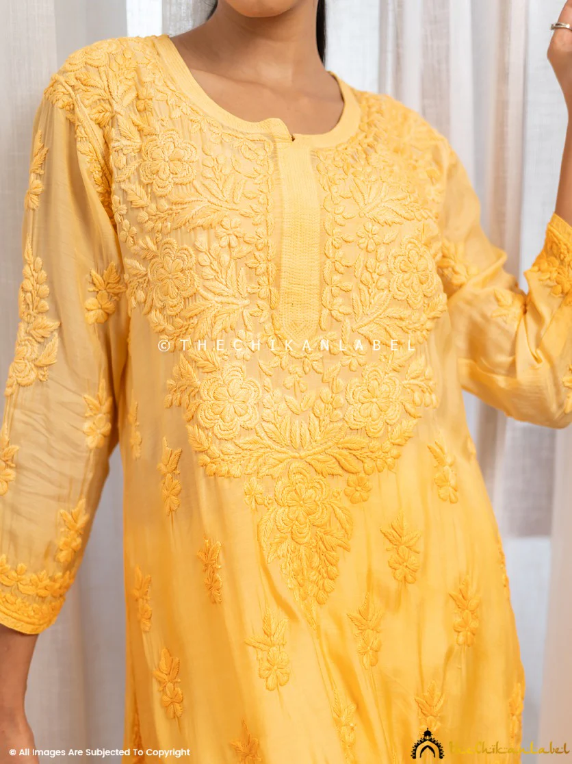 Asmeet Muslin Chikankari Straight Kurti-Yellow - Image 2