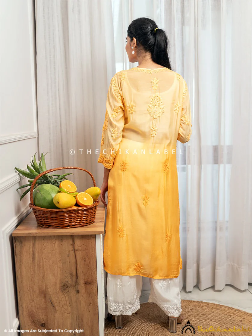 Asmeet Muslin Chikankari Straight Kurti-Yellow - Image 3