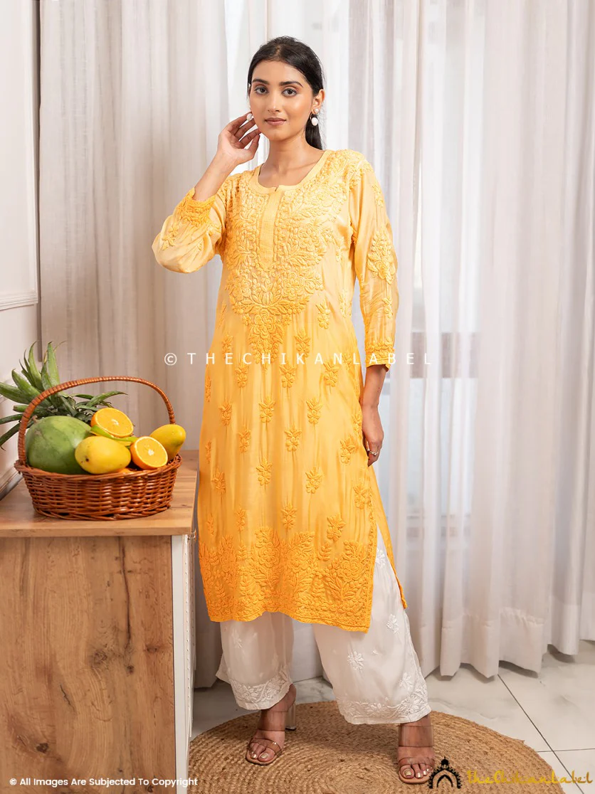 Asmeet Muslin Chikankari Straight Kurti-Yellow - Image 4