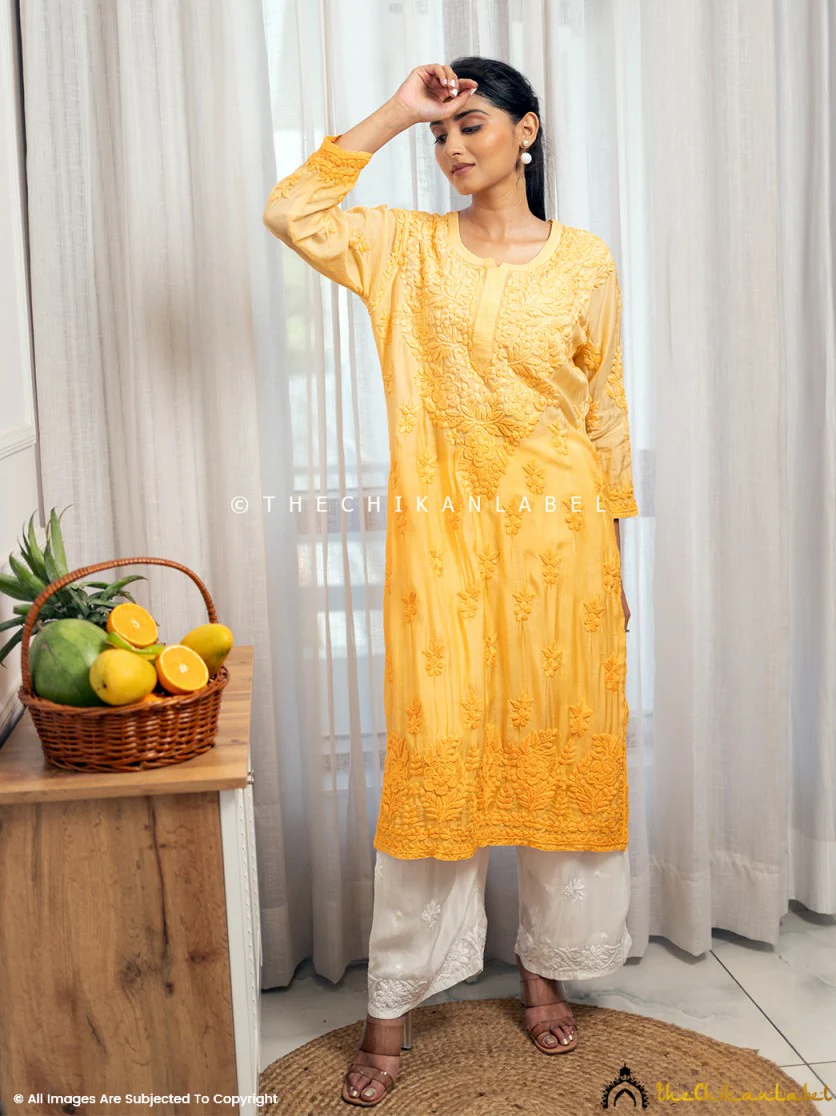 Asmeet Muslin Chikankari Straight Kurti-Yellow - Image 5