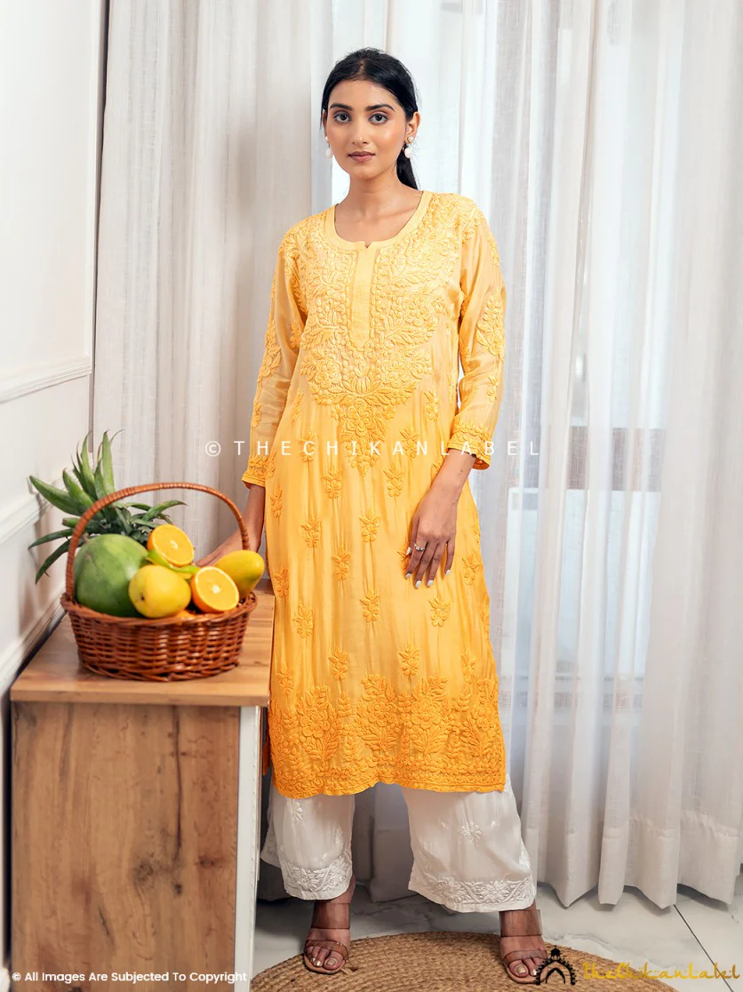 Asmeet Muslin Chikankari Straight Kurti-Yellow - Image 6
