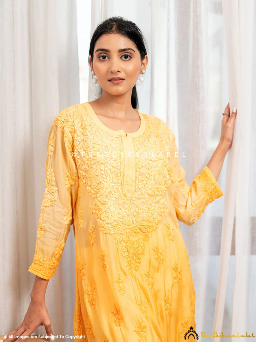 Asmeet Muslin Chikankari Straight Kurti-Yellow - Image 7