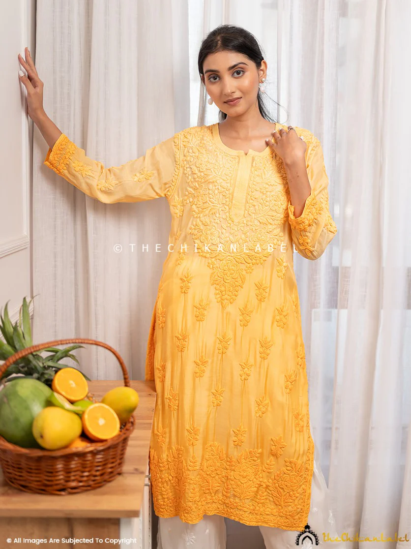 Asmeet Muslin Chikankari Straight Kurti-Yellow - Image 8